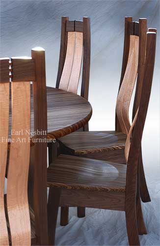 custom made round dining table showing close up on curved slats in chair back and light sculpt on chair seat